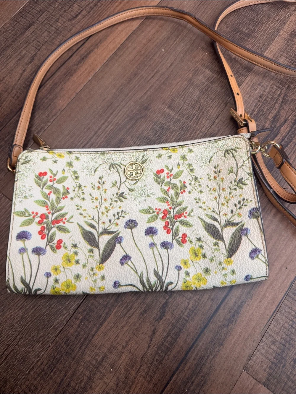 Tory Burch Floral Convertible Crossbody - Cream with Tan Strap